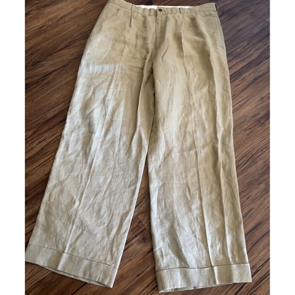Brooks Brothers Mens 100% Linen Cuffed Dress Pants 36x28 Beige - Picture 1 of 4